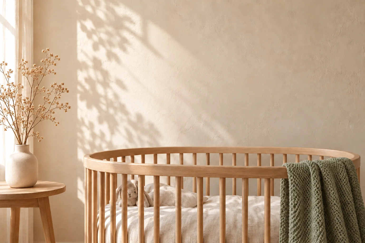 Zonnige babykamer met een houten ledikant en een saliegroene deken