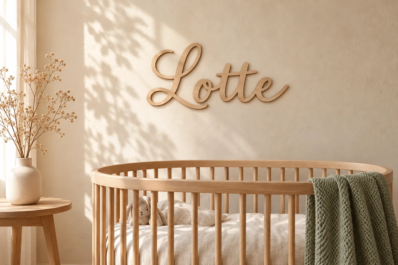 Houten naam Lotte aan de muur boven een rond houten ledikant met een saliegroene deken in een zonnige beige babykamer